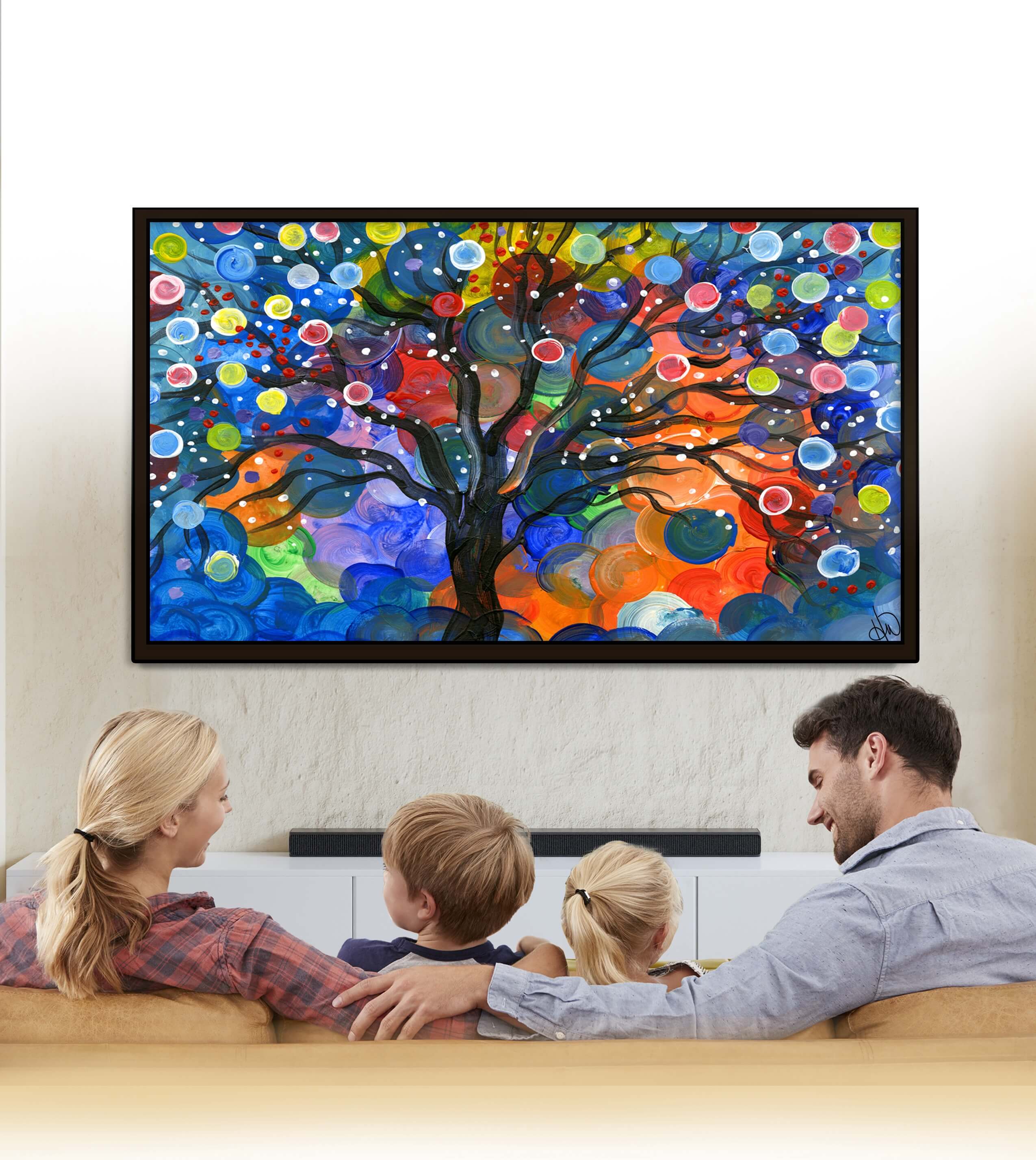 Family enjoying art on TV